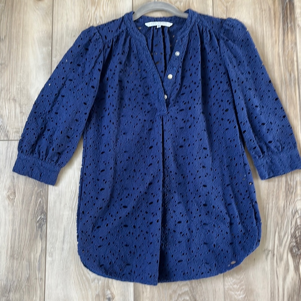 ANNIE GRIFFIN Lace Eyelet Blouse Top Navy Size Small